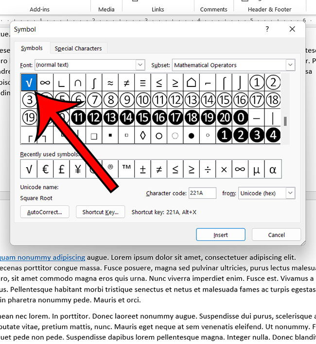 how to add a square root symbol in Microsoft word