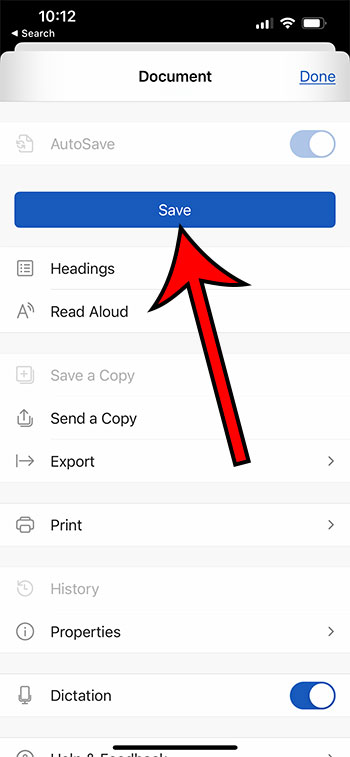 how to save a document in the Microsoft Word IPhone app